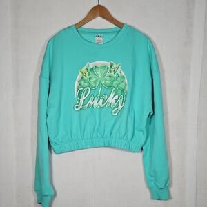 NWT IML Teal Green Lucky Shamrock Crewneck Crop Sweatshirt